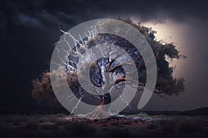 Maginficent Large Carolina Silverbell Tree Lightning Dark Clouds Sky by Generative AI
