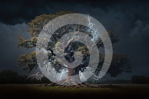 Maginficent Large Chestnut Oak Tree Lightning Dark Clouds Sky by Generative AI