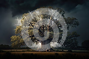 Maginficent Large Chestnut Oak Tree Lightning Dark Clouds Sky by Generative AI