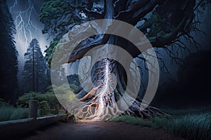 Maginficent Large Coast Redwood Tree Lightning Dark Clouds Sky by Generative AI