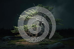 Maginficent Large Eastern Hemlock Tree Lightning Dark Clouds Sky by Generative AI