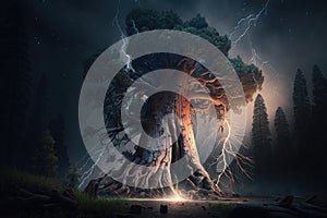 Maginficent Large Giant Sequoia Tree Lightning Dark Clouds Sky by Generative AI