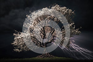 Maginficent Large Kousa Dogwood Tree Lightning Dark Clouds Sky by Generative AI