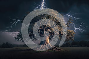Maginficent Large Oak Tree Lightning Dark Clouds Sky by Generative AI
