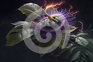 Maginficent Large Passionflower Tree Lightning Dark Clouds Sky by Generative AI