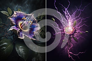 Maginficent Large Passionflower Tree Lightning Dark Clouds Sky by Generative AI