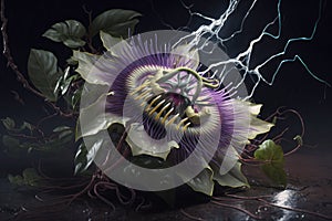 Maginficent Large Passionflower Tree Lightning Dark Clouds Sky by Generative AI