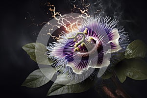 Maginficent Large Passionflower Tree Lightning Dark Clouds Sky by Generative AI