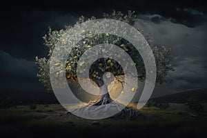 Maginficent Large Pear Tree Lightning Dark Clouds Sky by Generative AI