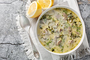 Magiritsa Greek Easter soup with lamb intestines and liver, herbs, seasoned with egg and lemon sauce close-up in a bowl.