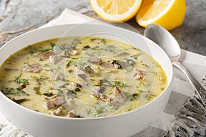 Magiritsa is a Greek soup made from lamb offal, associated with the Easter tradition close-up in a bowl. Horizontal