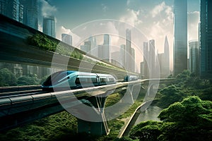 Maglev train speeding through futuristic eco-friendly city