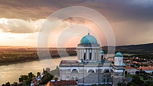 Magneficent basillica in Esztergom town from a drone right before a storm