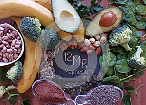 Magnesium rich foods. Natural food sources of magnesium. Fresh fruit, vegetable, nuts and seeds high in magnesium.