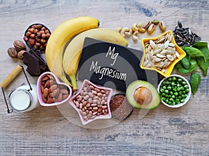 Magnesium rich foods. Natural food sources of magnesium. Fresh fruit, vegetable, nuts and seeds high in magnesium.