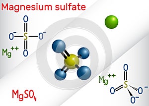 Magnesium sulfate molecule. It is is an inorganic salt and pharmaceutical drug. Structural chemical formula and molecule model