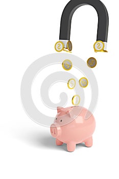 Magnet attracting coins from a piggy bank isolated on white background. 3d illustration