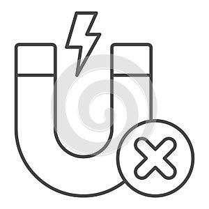 Magnet attraction ban thin line icon, prohibited items concept. Vector graphics. Lightning, magnet energy forbidden sign photo