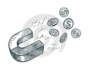 Magnet attracts money. Business, finance concept. Hand drawn sketch vector illustration