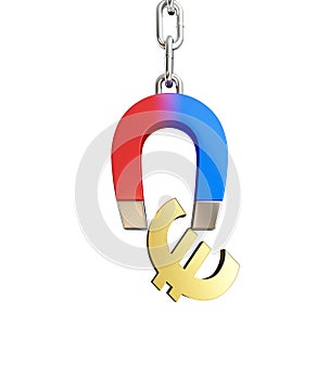 Magnet chain links gold euro sign on a white background 3D illustration, 3D rendering
