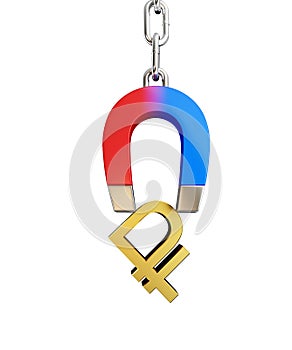 Magnet chain links golden ruble sign on a white background 3D illustration, 3D rendering