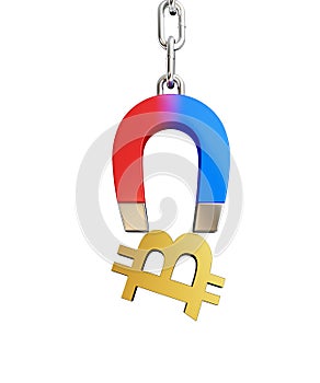 Magnet chain links golden sign bitcoin on a white background 3D illustration, 3D rendering