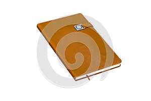 Magnet closure with the metal plate, hardcover pocket leather notebook journal brown isolated on white background.