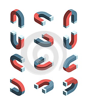 Magnet isometric. Iron items with magnetism connection symbols vector collection set