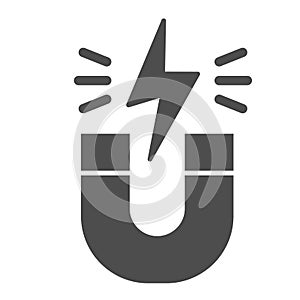 Magnet solid icon. Horseshoe with energy sign, magnetism attraction. Physics subject vector design concept, glyph style