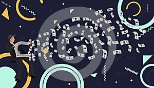 Magnet suck money, flat vector illustration, background geometric shapes.