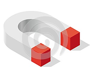 Magnet symbol in isometric perspective. Magnetic force, attraction, magnetization and repulsion.