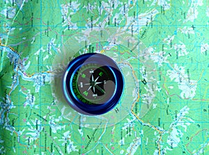 Magnetic compass blue on the road map.