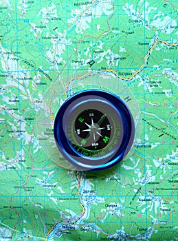 Magnetic compass blue on the road map.