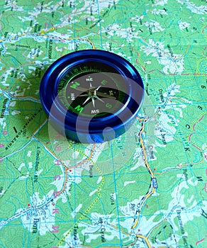 Magnetic compass blue on the road map.