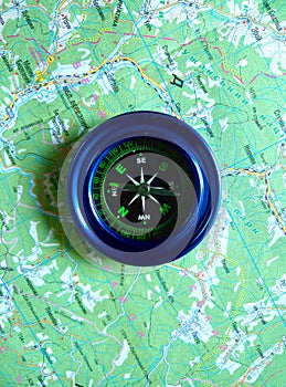 Magnetic compass blue on the road map.