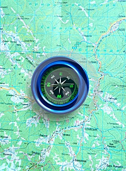 Magnetic compass blue on the road map.