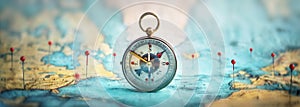 Magnetic compass  and location marking with a pin on routes on world map. Adventure, discovery, navigation, communication,