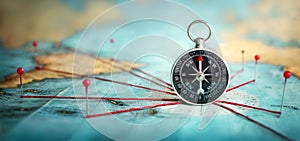 Magnetic compass  and location marking with a pin on routes on world map. Adventure, discovery, navigation, communication,