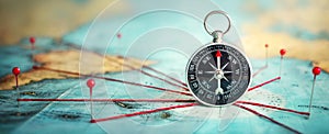 Magnetic compass  and location marking with a pin on routes on world map. Adventure, discovery, navigation, communication,