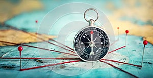 Magnetic compass  and location marking with a pin on routes on world map. Adventure, discovery, navigation, communication,