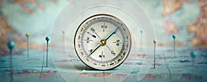 Magnetic compass and location marking with a pin on routes on world map. Adventure, discovery, navigation, communication,