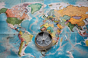 Magnetic compass on world map. Travel geography