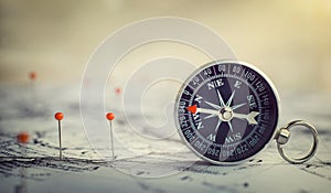 Magnetic compass on world map.Travel, geography, navigation, tourism and exploration concept background. Macro photo. Very
