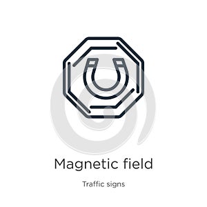 Magnetic field icon. Thin linear magnetic field outline icon isolated on white background from traffic signs collection. Line