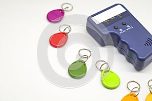 Magnetic key programmer. Duplicator for intercom keys. Electronic equipment for small businesses. Selective focus, copy