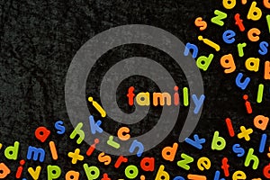 Magnetic letters on black with the word FAMILY