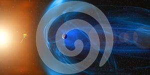 Magnetic lines of force surrounding Earth known as the magnetosphere against solar wind. Earth`s magnetic field, the