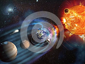 Magnetic lines of force surrounding Earth known as the magnetosphere  against Sun`s solar wind.