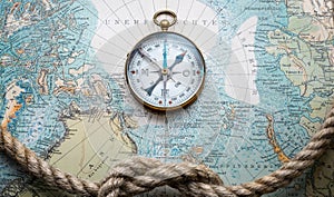 Magnetic old compass and rope on old nord pole map. Travel, geography, history, navigation, tourism and exploration concept