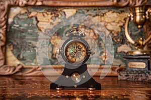 Magnetic old compass on world map. Travel, geography, navigation, tourism and exploration concept background